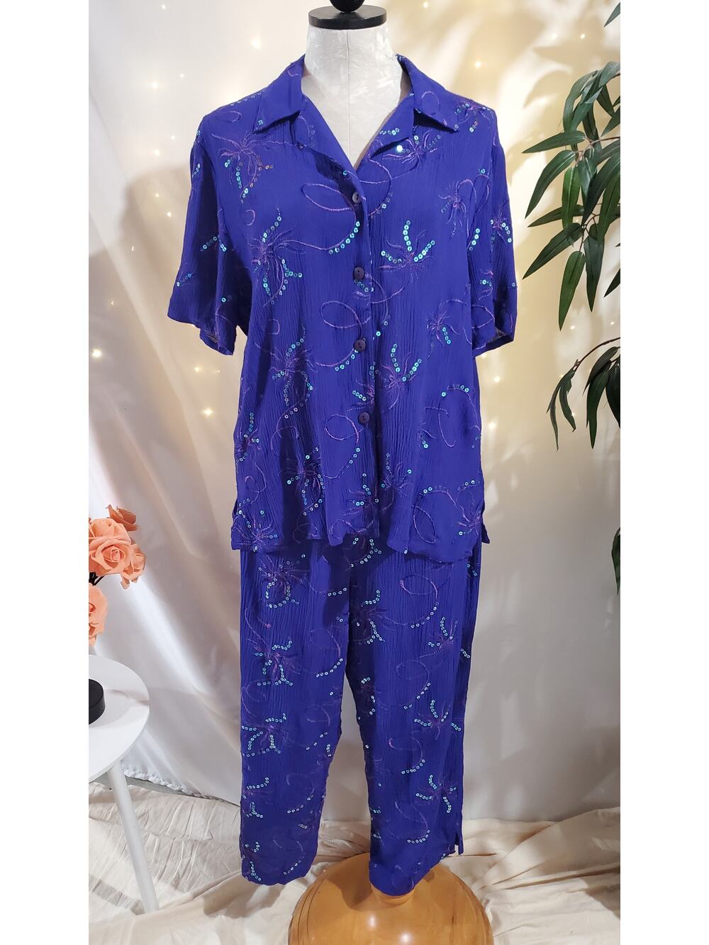 Caribou Vtg Sequin Embroidered Gauzy 2 Piece Outfit Womens Size L Beach Resort